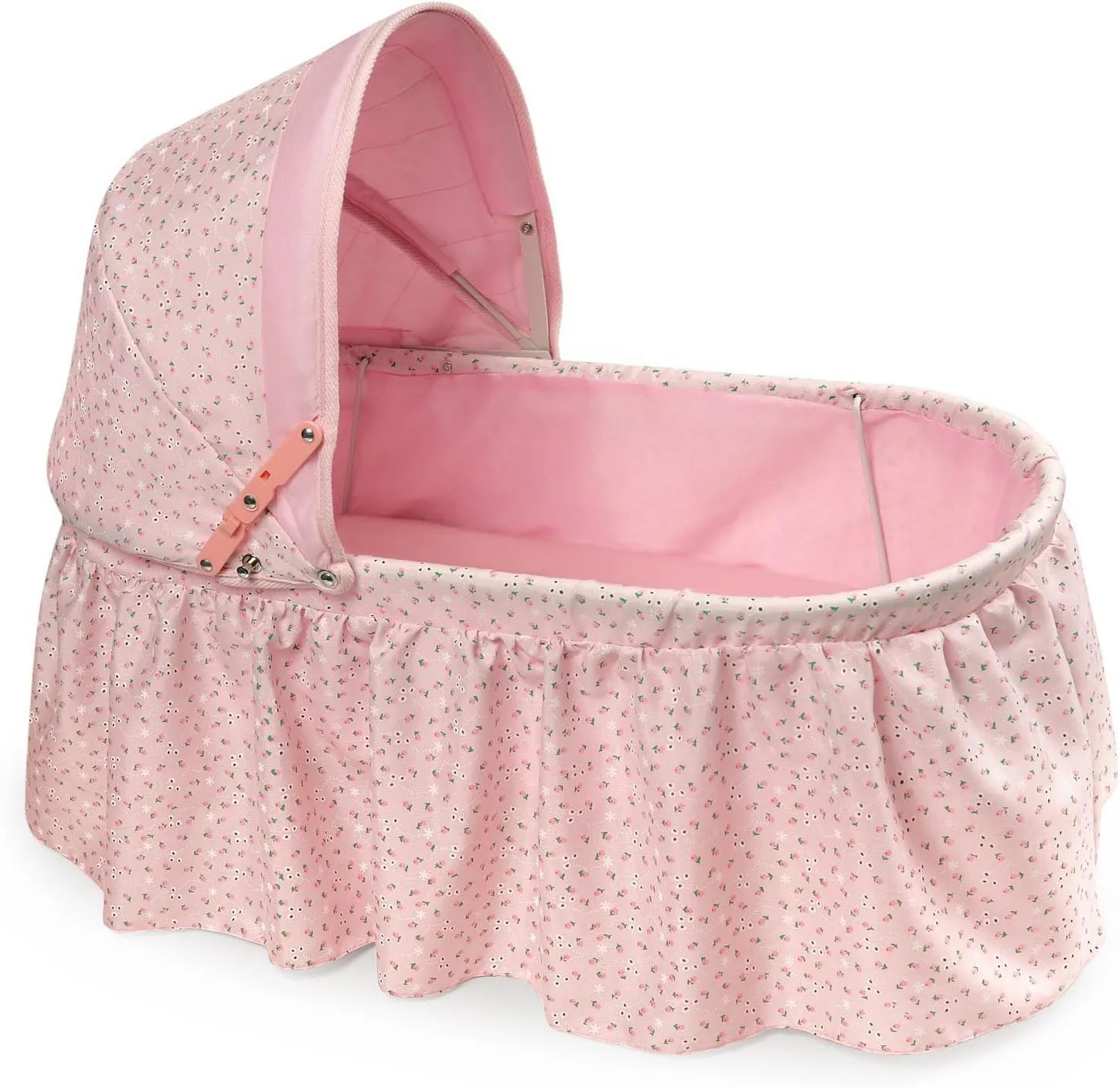 Badger Basket Folding Doll Cradle with Hood fits Dolls 18 to 22-Inches - Pink/Rosebud Design with Bedding for Imaginative Play