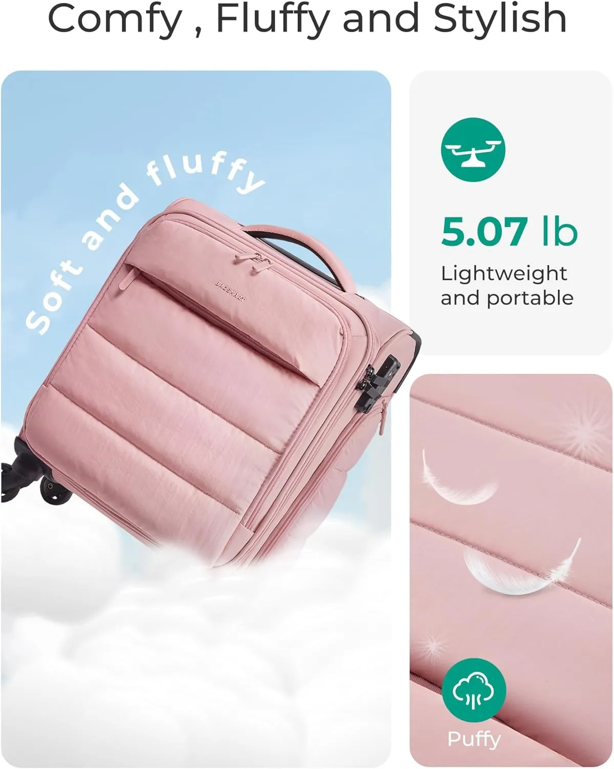 BAGSMART Underseat Carry on Luggage with Wheels, Soft Underseat Travel Luggage with PVC Wet/Dry Pockets, Lightweight Soft Personal Item Suitcase for Short Trip, Sakura Pink