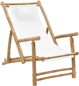 Bamboo Canvas Deck Chair with Adjustable Backrest Cream White Foldable Outdoor Lounge Chair for Patio Beach Camping Poolside