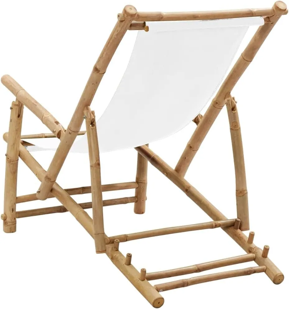 Bamboo Canvas Deck Chair with Adjustable Backrest Cream White Foldable Outdoor Lounge Chair for Patio Beach Camping Poolside