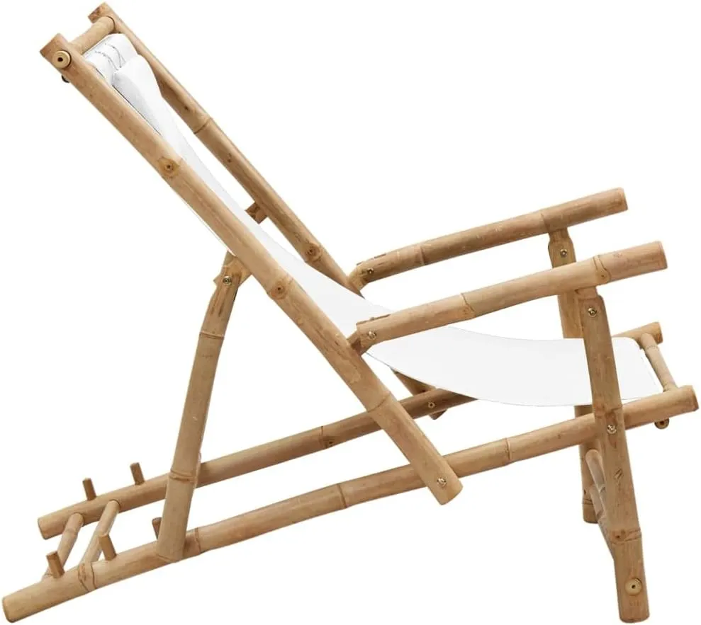 Bamboo Canvas Deck Chair with Adjustable Backrest Cream White Foldable Outdoor Lounge Chair for Patio Beach Camping Poolside