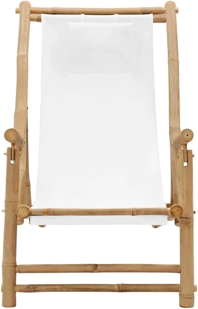 Bamboo Canvas Deck Chair with Adjustable Backrest Cream White Foldable Outdoor Lounge Chair for Patio Beach Camping Poolside