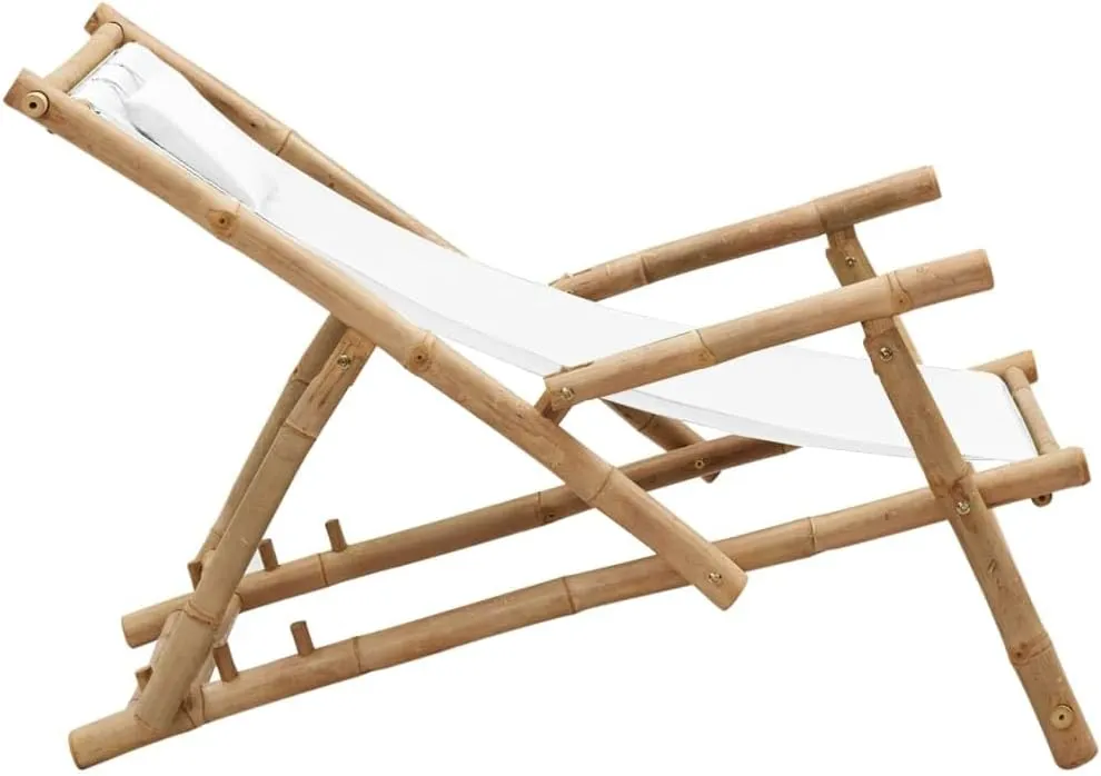 Bamboo Canvas Deck Chair with Adjustable Backrest Cream White Foldable Outdoor Lounge Chair for Patio Beach Camping Poolside