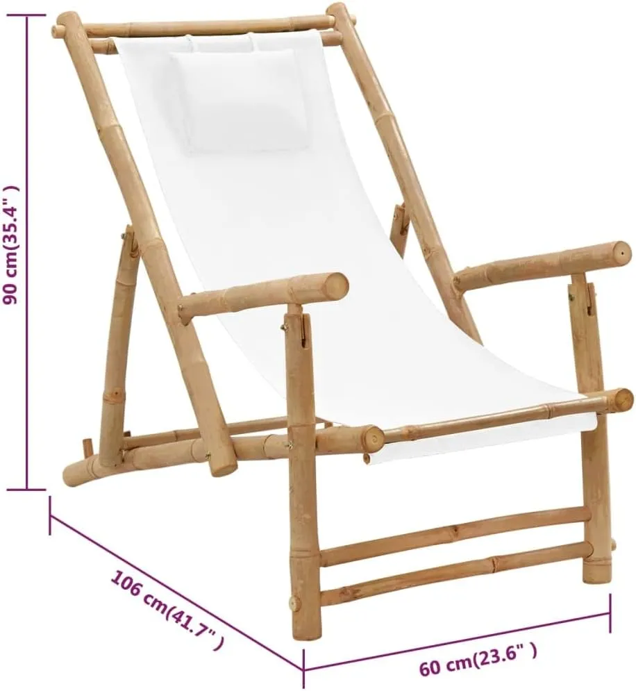 Bamboo Canvas Deck Chair with Adjustable Backrest Cream White Foldable Outdoor Lounge Chair for Patio Beach Camping Poolside