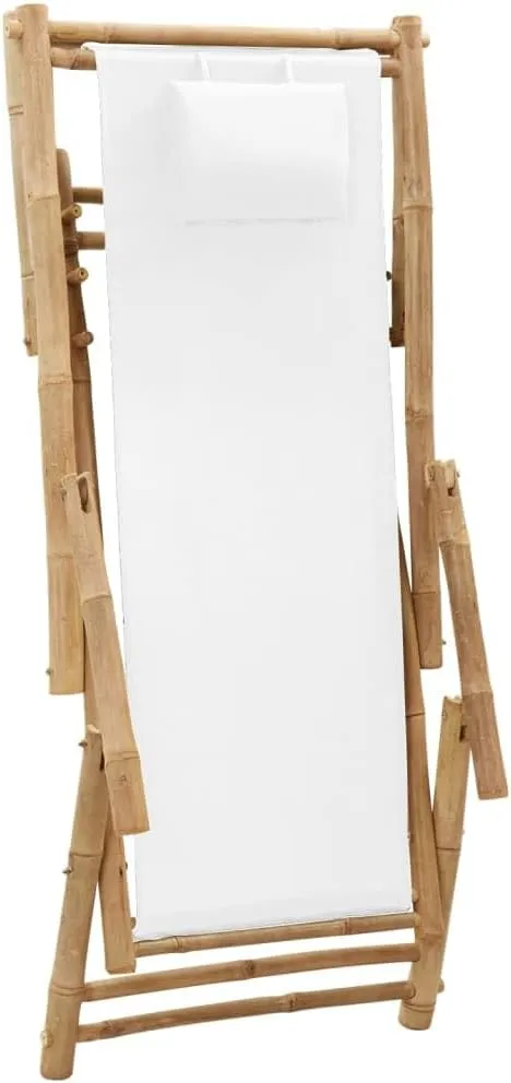Bamboo Canvas Deck Chair with Adjustable Backrest Cream White Foldable Outdoor Lounge Chair for Patio Beach Camping Poolside