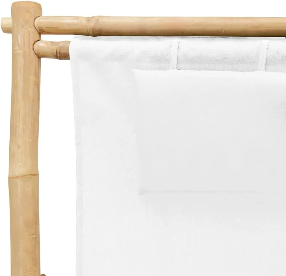 Bamboo Canvas Deck Chair with Adjustable Backrest Cream White Foldable Outdoor Lounge Chair for Patio Beach Camping Poolside