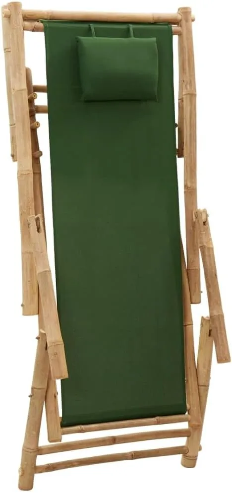 Bamboo Deck Chair with Adjustable Backrest Green Outdoor Patio Furniture, Foldable Lounge Chair for Beach Camping Poolside, 23.6" W x 41.7" D Waterproof Canvas & Durable Bamboo Frame