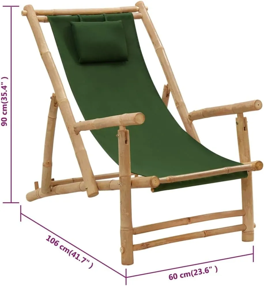 Bamboo Deck Chair with Adjustable Backrest Green Outdoor Patio Furniture, Foldable Lounge Chair for Beach Camping Poolside, 23.6" W x 41.7" D Waterproof Canvas & Durable Bamboo Frame
