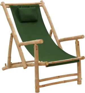 Bamboo Deck Chair with Adjustable Backrest Green Outdoor Patio Furniture, Foldable Lounge Chair for Beach Camping Poolside, 23.6" W x 41.7" D Waterproof Canvas & Durable Bamboo Frame