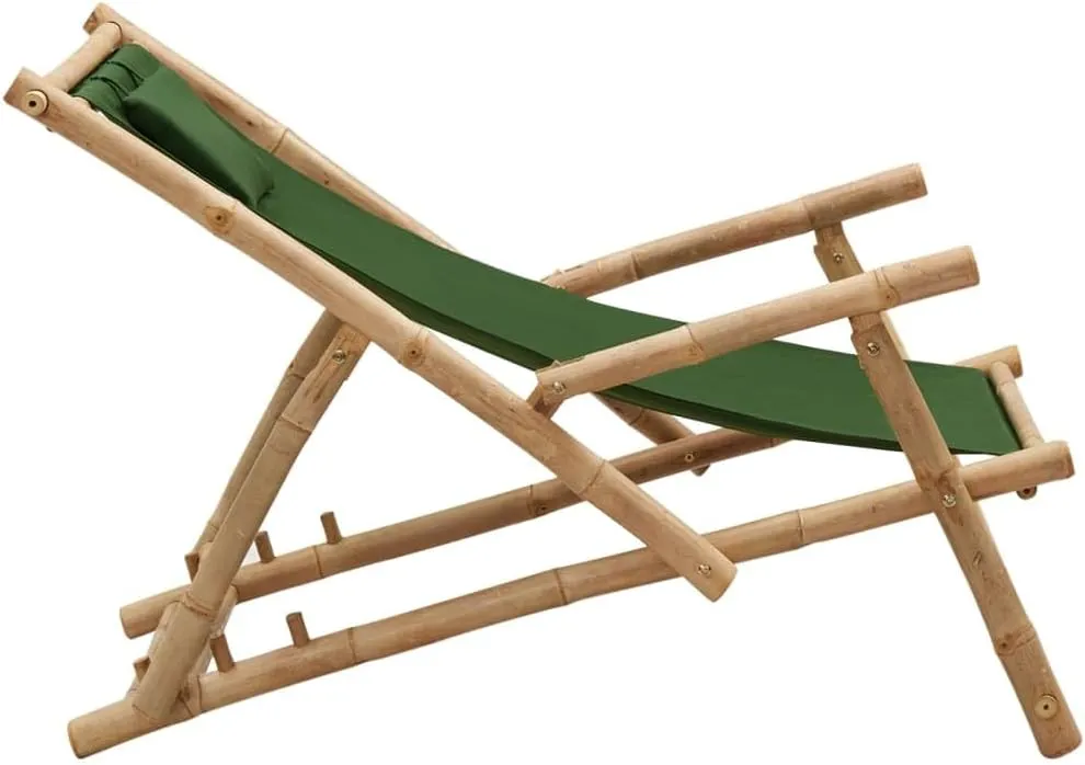 Bamboo Deck Chair with Adjustable Backrest Green Outdoor Patio Furniture, Foldable Lounge Chair for Beach Camping Poolside, 23.6" W x 41.7" D Waterproof Canvas & Durable Bamboo Frame