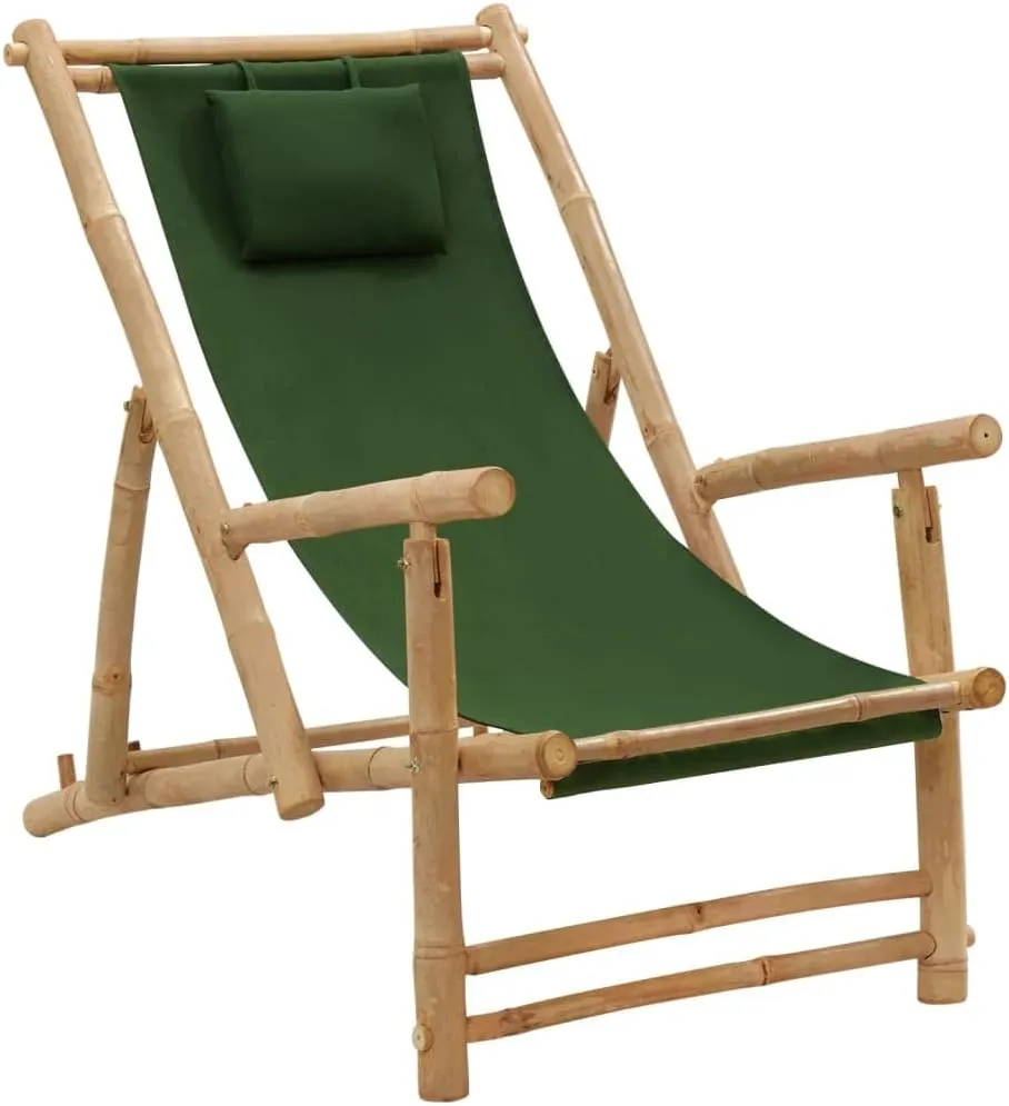 Bamboo Deck Chair with Adjustable Backrest Green Outdoor Patio Furniture, Foldable Lounge Chair for Beach Camping Poolside, 23.6" W x 41.7" D Waterproof Canvas & Durable Bamboo Frame