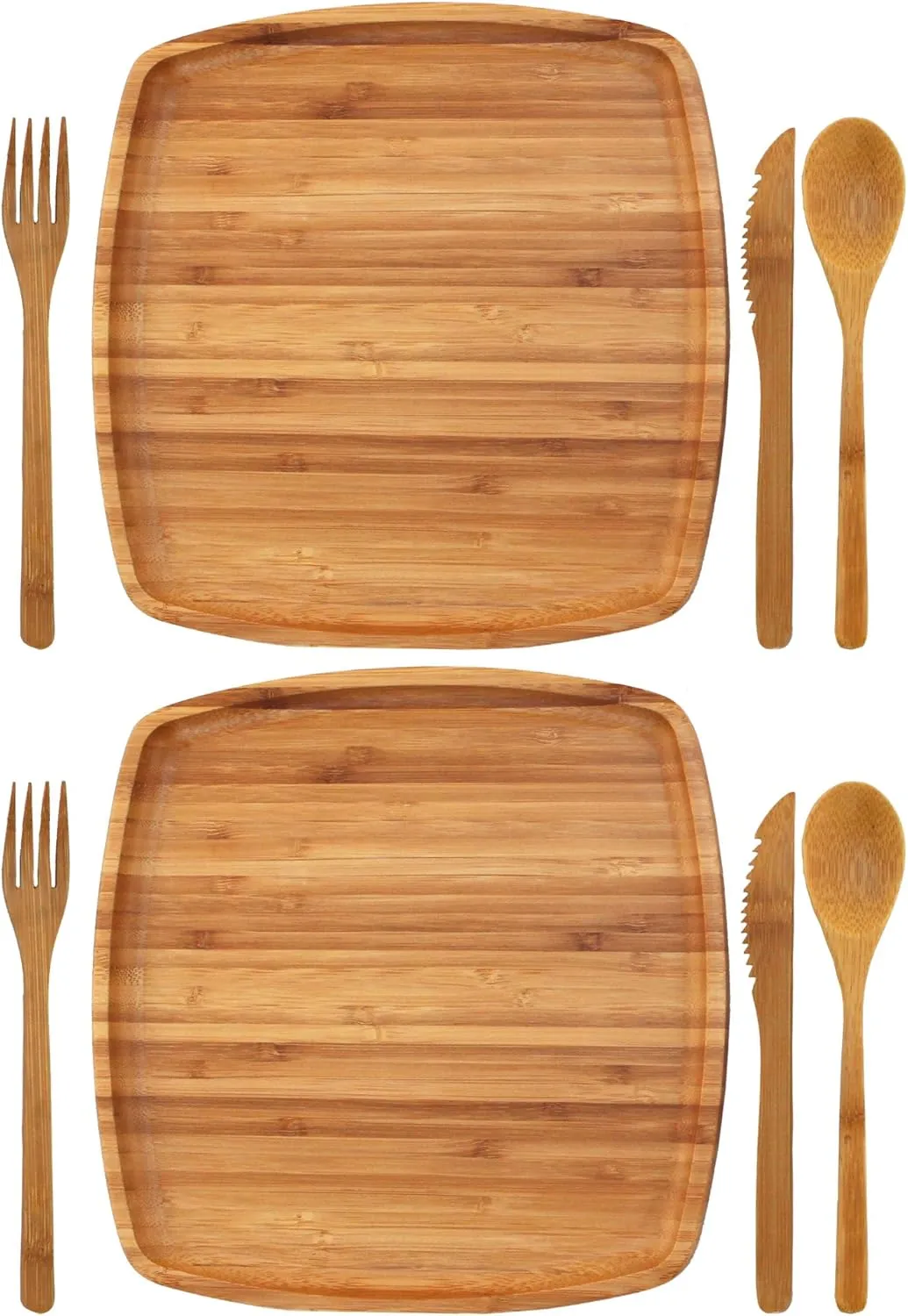 BambooMN Camping Mess Kit Lightweight Organic 10" x 10" Bamboo Plates, Forks, Knifes and Spoons for Camping, Hiking, or Backpacking - 10 Sets