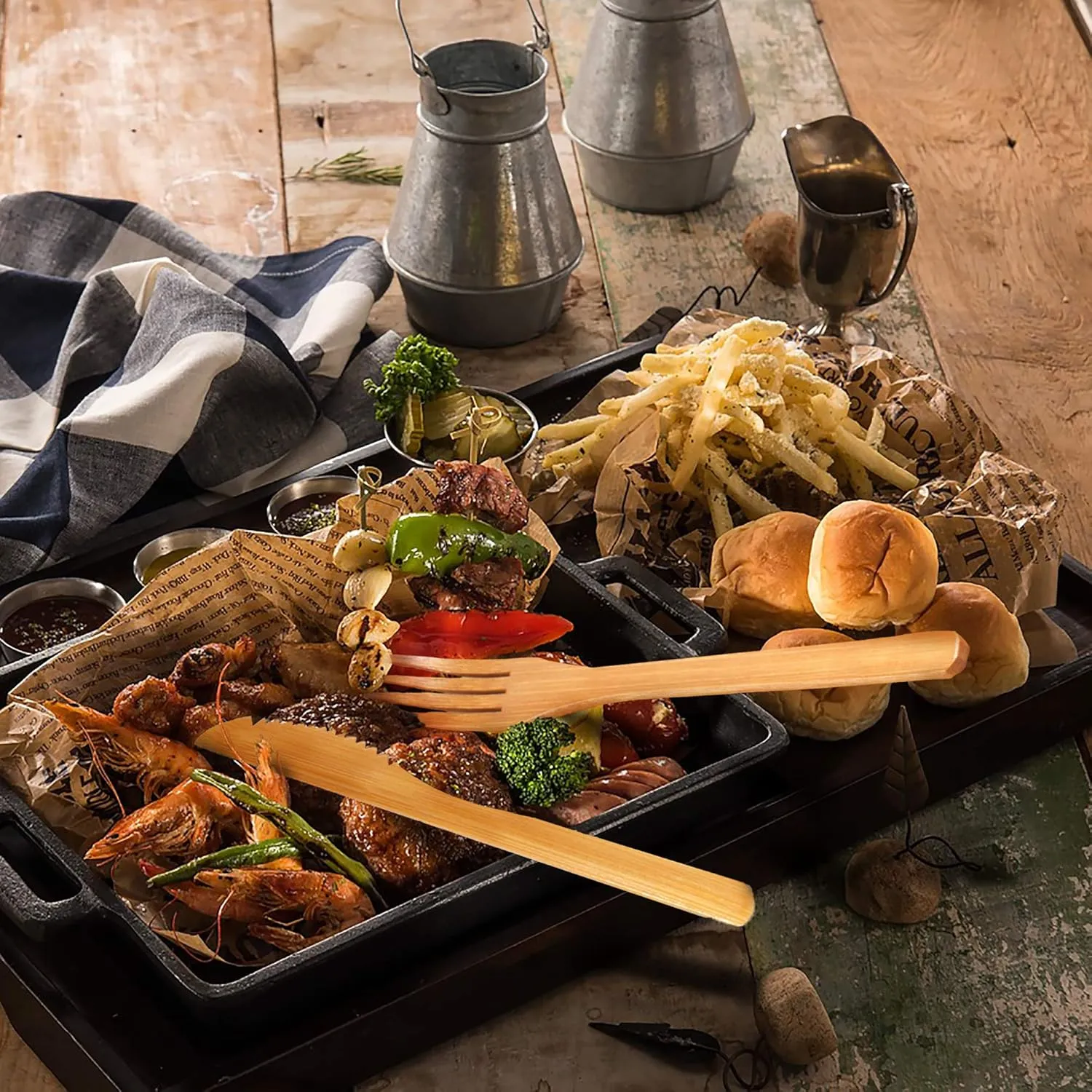 BambooMN Camping Mess Kit Lightweight Organic 10" x 10" Bamboo Plates, Forks, Knifes and Spoons for Camping, Hiking, or Backpacking - 10 Sets