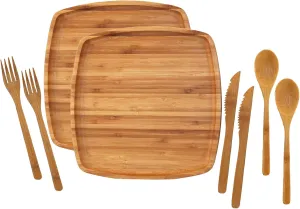 BambooMN Camping Mess Kit Lightweight Organic 10" x 10" Bamboo Plates, Forks, Knifes and Spoons for Camping, Hiking, or Backpacking - 10 Sets