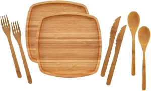 BambooMN Camping Mess Kit Lightweight Organic 8" x 8" Bamboo Plates, Forks, Knifes and Spoons for Camping, Hiking, or Backpacking - 4 Sets