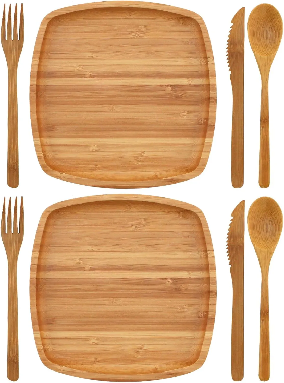 BambooMN Camping Mess Kit Lightweight Organic 8" x 8" Bamboo Plates, Forks, Knifes and Spoons for Camping, Hiking, or Backpacking - 4 Sets