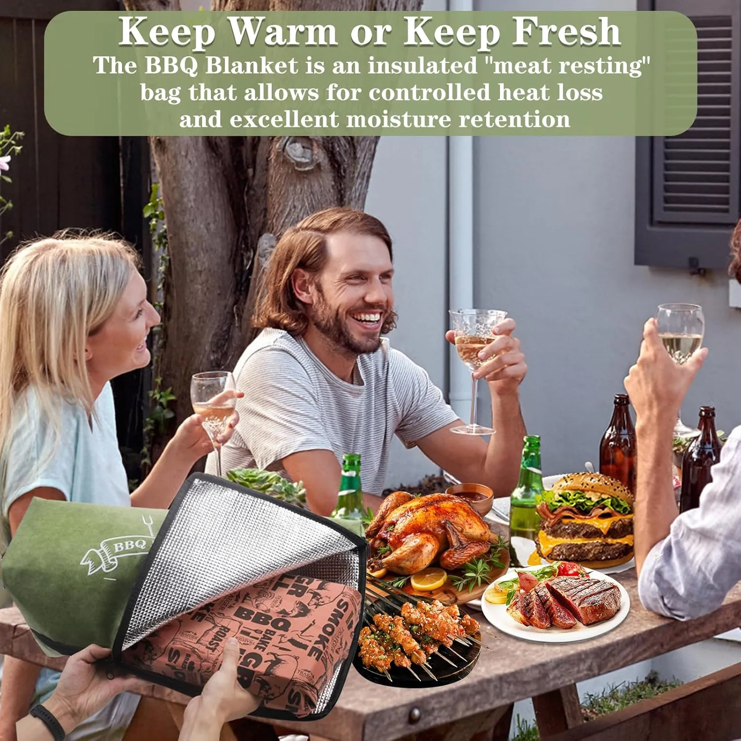 BBQ Blanket for Resting Meat, Reusable Reat Insulated Resting Bag, Smoker Meat Resting Blanket, Insulated Brisket Resting Blanket with Wide Mouth(BBQ Blanket 21in Green)