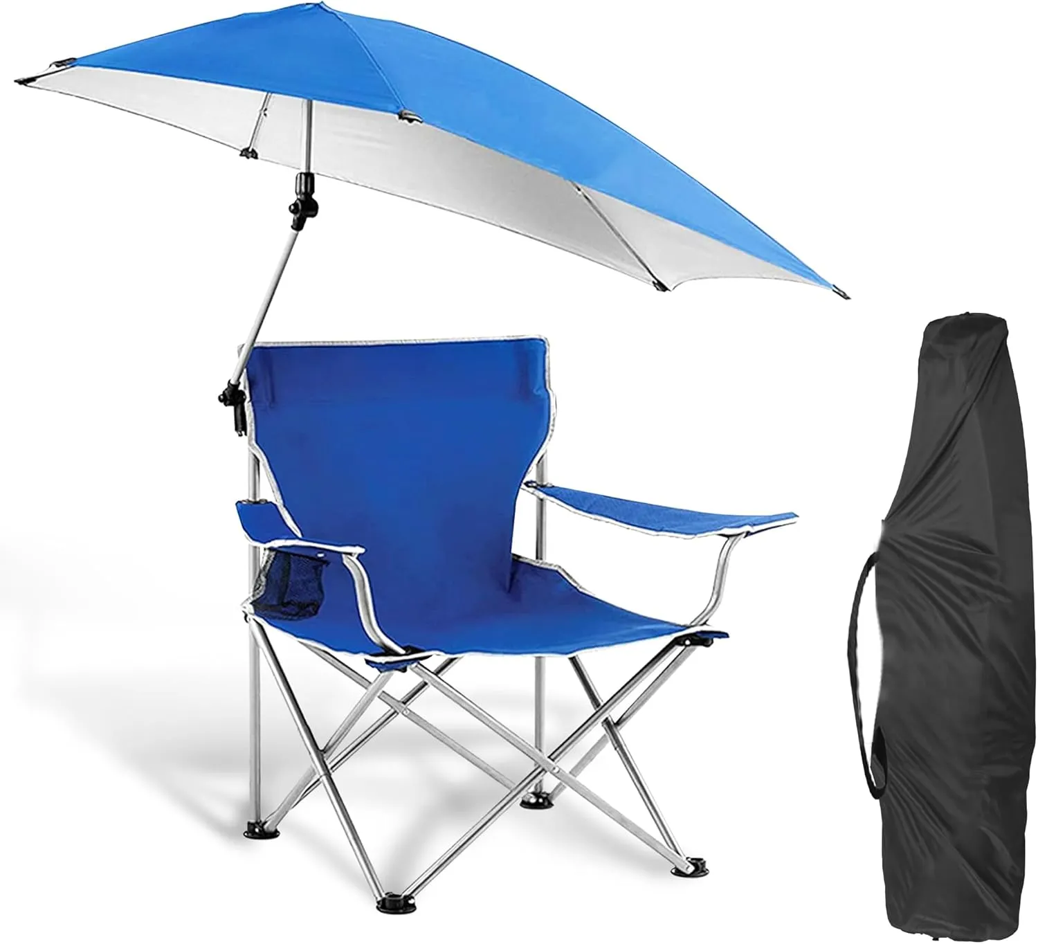 Beach Chair with Umbrella & Canopy Shade, UPF 50  Adjustable Heavy Duty Folding Chair, Portable Camping Lawn with Cup Holder for Outdoor Fishing, Blue