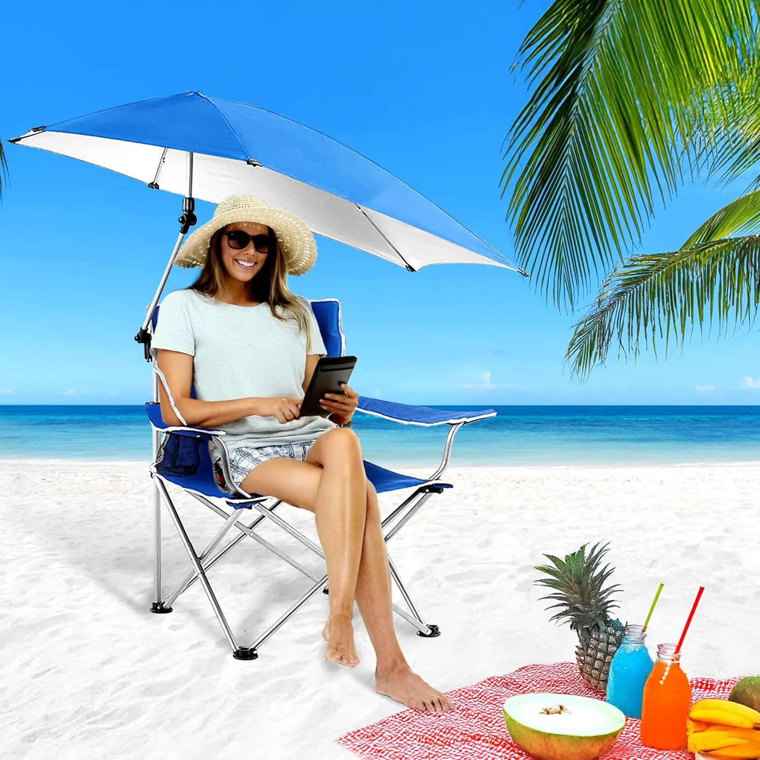 Beach Chair with Umbrella & Canopy Shade, UPF 50  Adjustable Heavy Duty Folding Chair, Portable Camping Lawn with Cup Holder for Outdoor Fishing, Blue