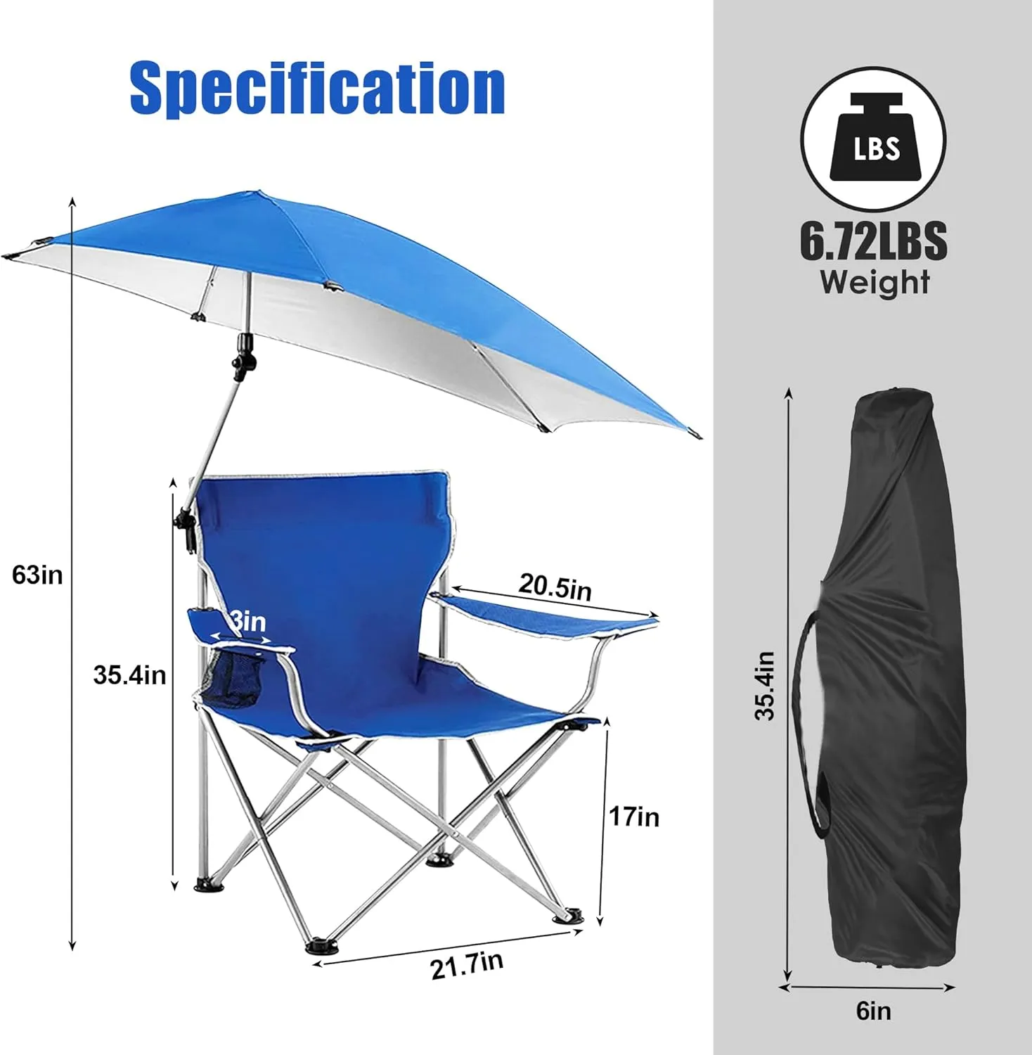 Beach Chair with Umbrella & Canopy Shade, UPF 50  Adjustable Heavy Duty Folding Chair, Portable Camping Lawn with Cup Holder for Outdoor Fishing, Blue