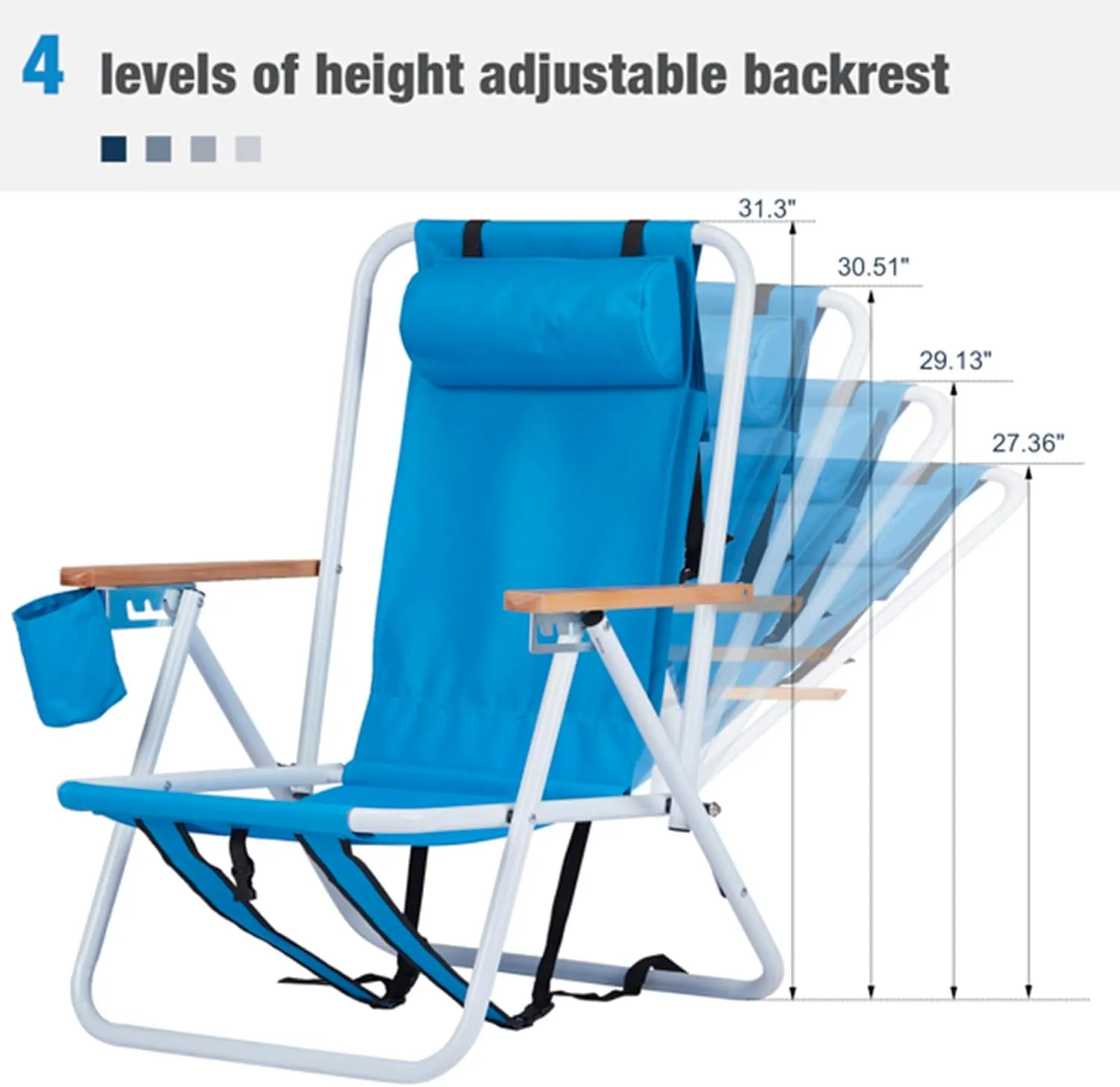 Beach Chairs for Adults 2 Pack,Portable Folding Backpack Beach Chair with Headrest Cup Holder and Wooden Armrests,Cup Holder for Outdoor/Lawn/Picnic,Foldable Camping Chair (Blue-2Set)