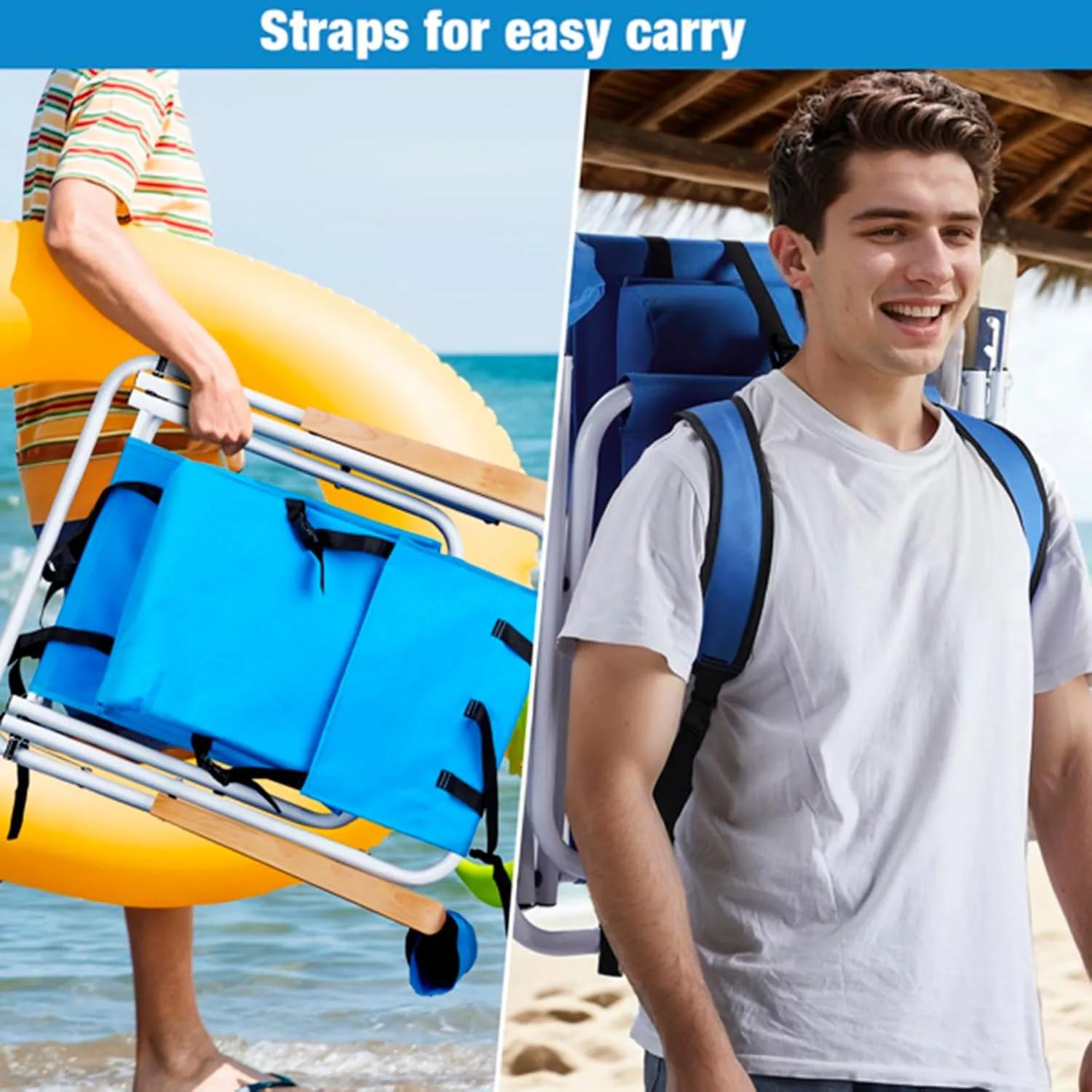 Beach Chairs for Adults 2 Pack,Portable Folding Backpack Beach Chair with Headrest Cup Holder and Wooden Armrests,Cup Holder for Outdoor/Lawn/Picnic,Foldable Camping Chair (Blue-2Set)