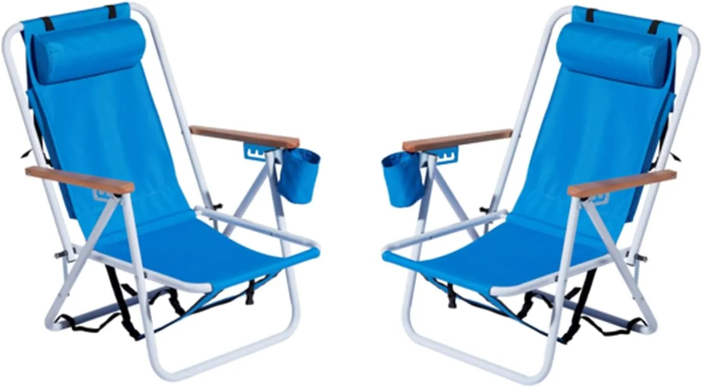 Beach Chairs for Adults 2 Pack,Portable Folding Backpack Beach Chair with Headrest Cup Holder and Wooden Armrests,Cup Holder for Outdoor/Lawn/Picnic,Foldable Camping Chair (Blue-2Set)