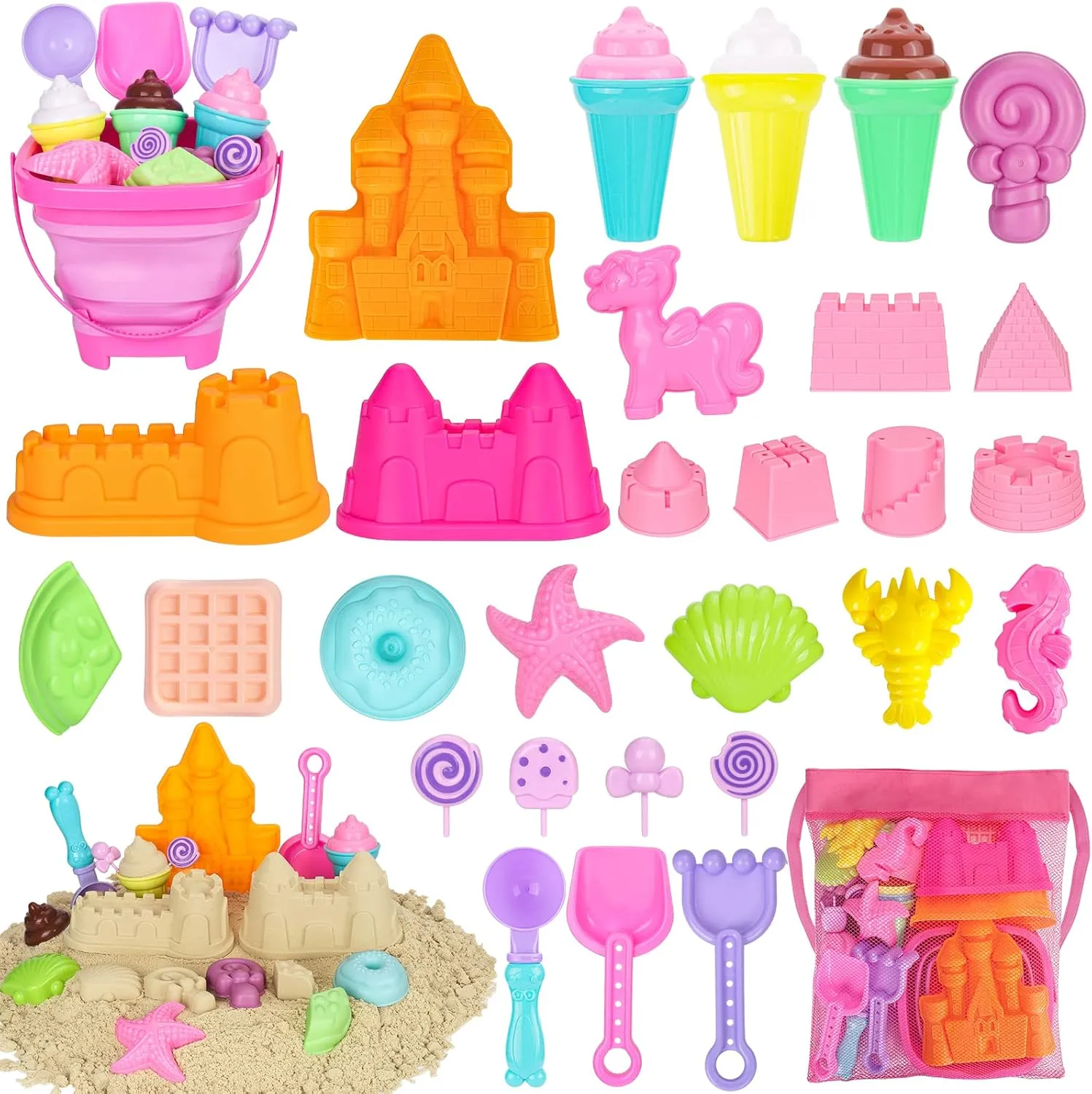 Beach Toys, 30Pcs Ice Cream Sand Toys, Sandbox Toys with Collapsible Sand Bucket and Sand Castle Kit, Cake, Lollipop, Sea Animal, Unicorn Molds, Shovels Set, Mesh Bag, Travel Toys for Girls 3 