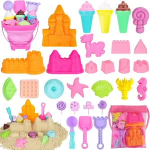 Beach Toys, 30Pcs Ice Cream Sand Toys, Sandbox Toys with Collapsible Sand Bucket and Sand Castle Kit, Cake, Lollipop, Sea Animal, Unicorn Molds, Shovels Set, Mesh Bag, Travel Toys for Girls 3 