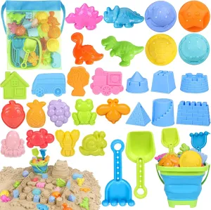 Beach Toys, Collapsible Sand Toys for Toddlers, Sand Bucket and Shovels Set with Mesh Bag Cute Sand Molds, Travel Sand Toys for Beach, Sandbox Toys for Toddlers Kids Baby Boys Girls Age 3-10