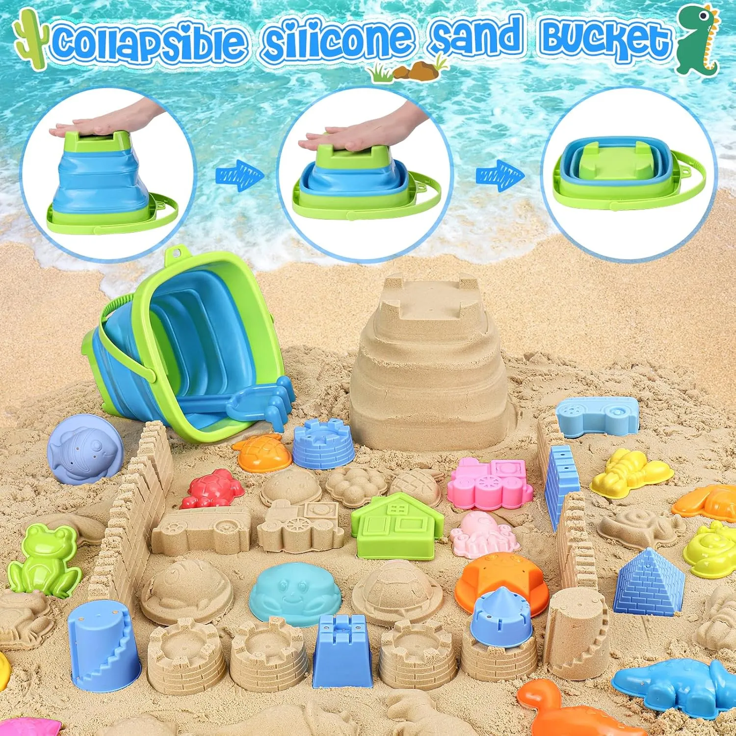 Beach Toys, Collapsible Sand Toys for Toddlers, Sand Bucket and Shovels Set with Mesh Bag Cute Sand Molds, Travel Sand Toys for Beach, Sandbox Toys for Toddlers Kids Baby Boys Girls Age 3-10