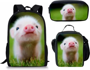 Beginterest Cute Pig Print Backpack Lunch Box Pencil Case 3 Pcs School Backpack Set Durable Lightweight Bookbag