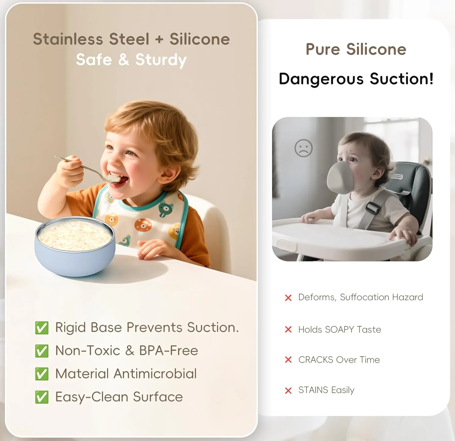 Bella's Friends Stainless Steel and Silicone Baby Bowls 3 Packs 4.3” Kids Feeding,Non-Toxic&Lead-Free&Mess Free Toddler Bowl Set,Dishwasher Safe&Extra Strong Base&Fit Highchar Size,Rose green Khaki