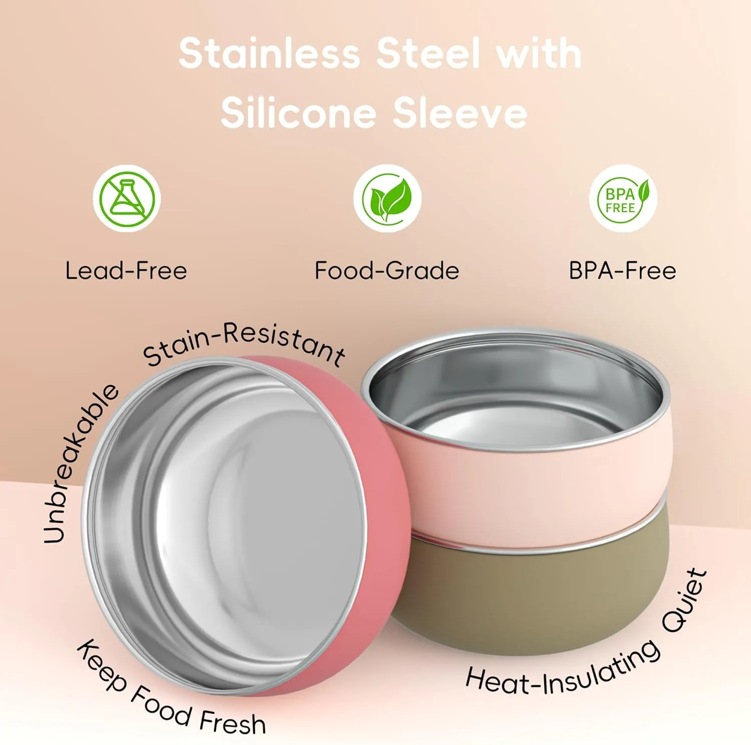 Bella's Friends Stainless Steel and Silicone Baby Bowls 3 Packs 4.3” Kids Feeding,Non-Toxic&Lead-Free&Mess Free Toddler Bowl Set,Dishwasher Safe&Extra Strong Base&Fit Highchar Size,Rose green Khaki