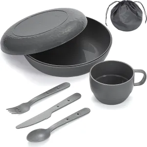 Berglander Camping Mess Kit with Bowl, Plate, Cup, Spoon, Fork, Knife and Carry Bag, Plastic Camping Accessories Essentials Gear for Travel, Camping, Picnic, Outdoor, Easy to Carry & Store