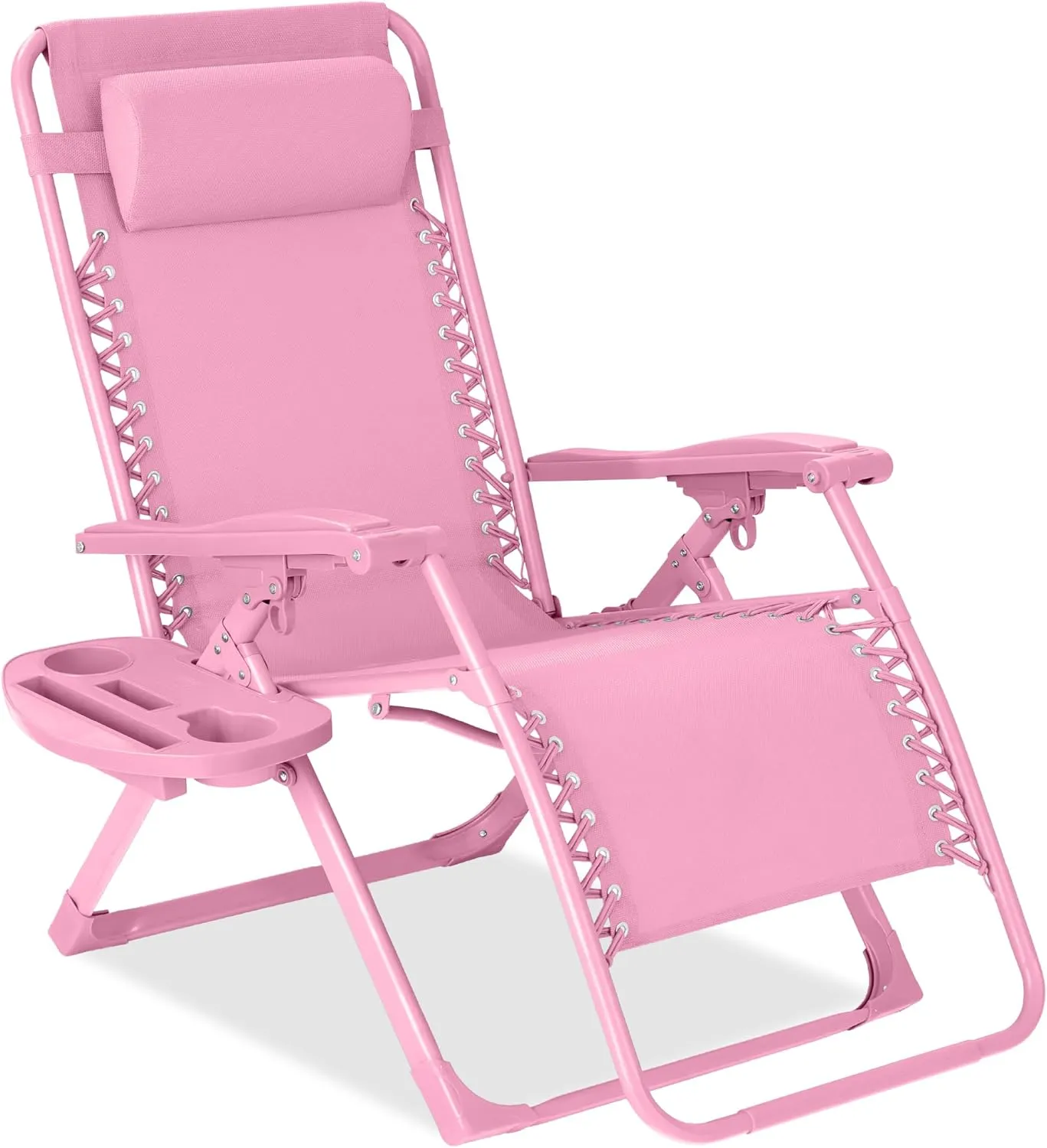 Best Choice Products Adjustable Zero Gravity Chair, Monochromatic Color Folding Patio Recliner w/Side Tray, Headrest - Carnation