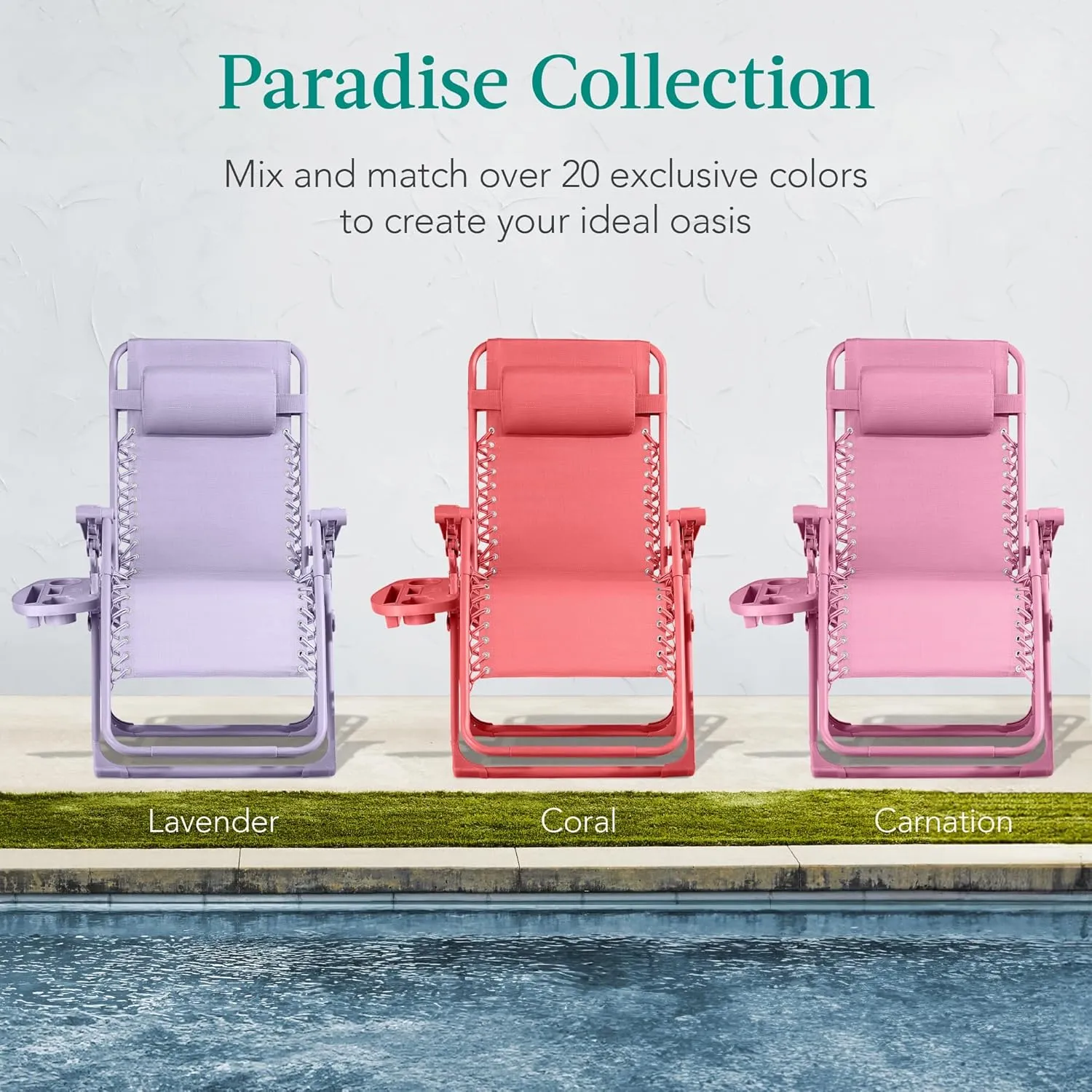 Best Choice Products Adjustable Zero Gravity Chair, Monochromatic Color Folding Patio Recliner w/Side Tray, Headrest - Carnation