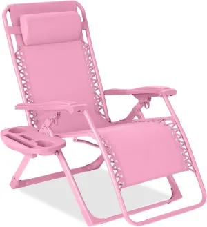 Best Choice Products Adjustable Zero Gravity Chair, Monochromatic Color Folding Patio Recliner w/Side Tray, Headrest - Carnation