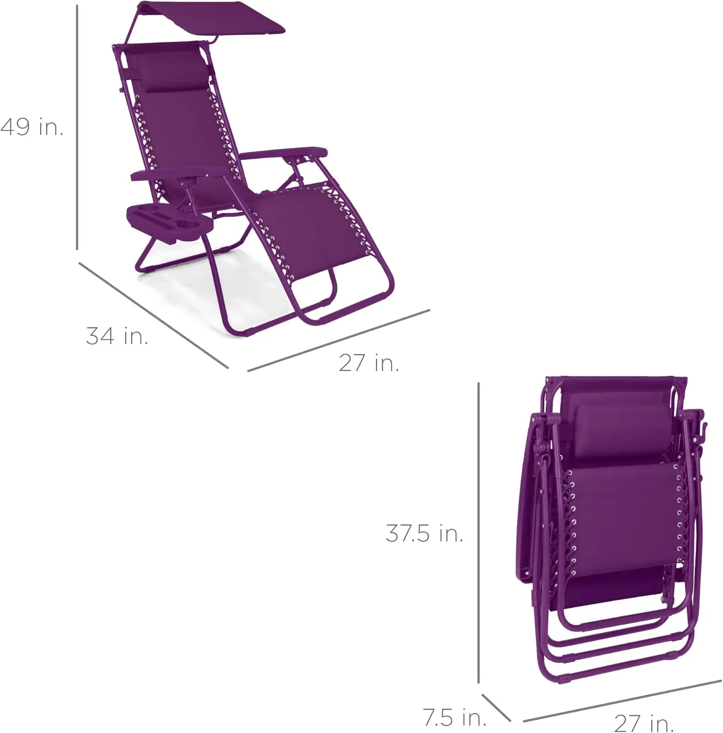 Best Choice Products Folding Zero Gravity Outdoor Recliner Patio Lounge Chair w/Adjustable Canopy Shade, Headrest, Side Accessory Tray, Textilene Mesh - Amethyst