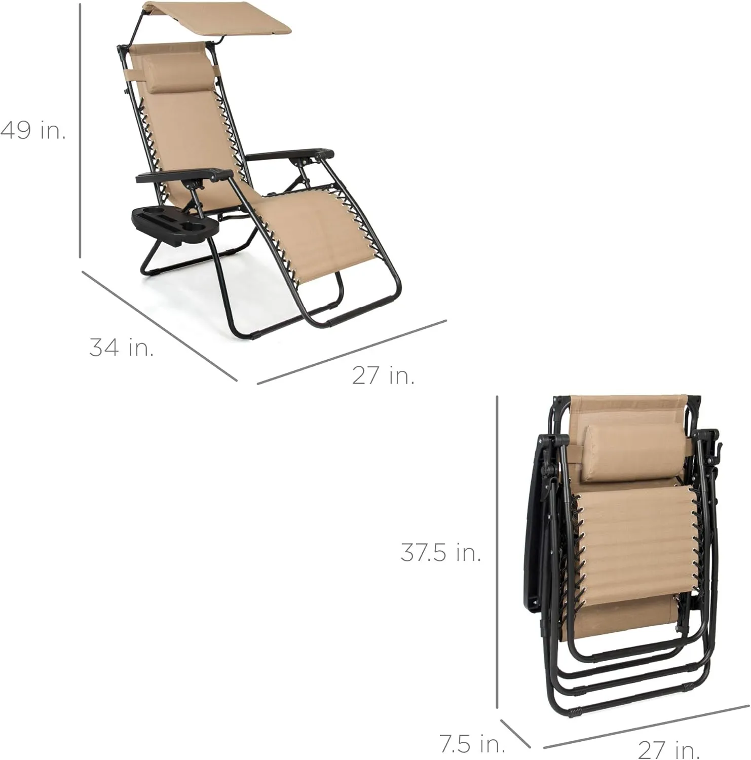 Best Choice Products Folding Zero Gravity Outdoor Recliner Patio Lounge Chair w/Adjustable Canopy Shade, Headrest, Side Accessory Tray, Textilene Mesh - Beige