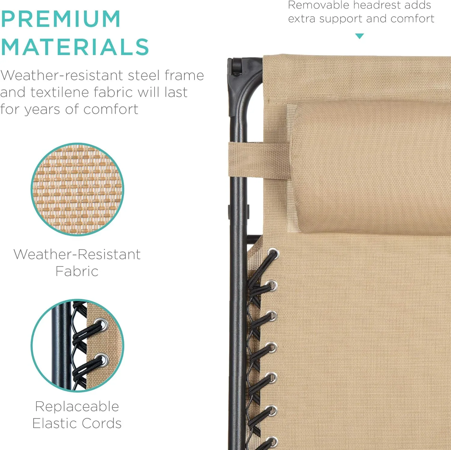 Best Choice Products Folding Zero Gravity Outdoor Recliner Patio Lounge Chair w/Adjustable Canopy Shade, Headrest, Side Accessory Tray, Textilene Mesh - Beige