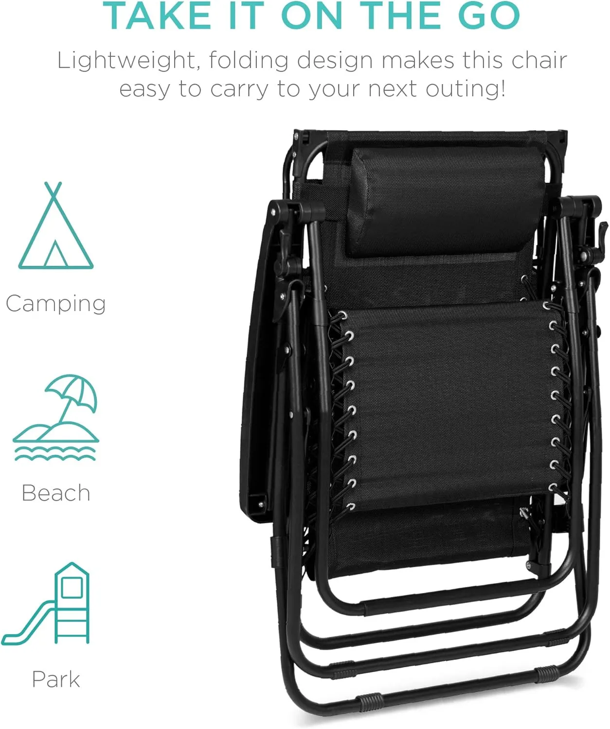 Best Choice Products Folding Zero Gravity Outdoor Recliner Patio Lounge Chair w/Adjustable Canopy Shade, Headrest, Side Accessory Tray, Textilene Mesh - Black