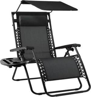 Best Choice Products Folding Zero Gravity Outdoor Recliner Patio Lounge Chair w/Adjustable Canopy Shade, Headrest, Side Accessory Tray, Textilene Mesh - Black