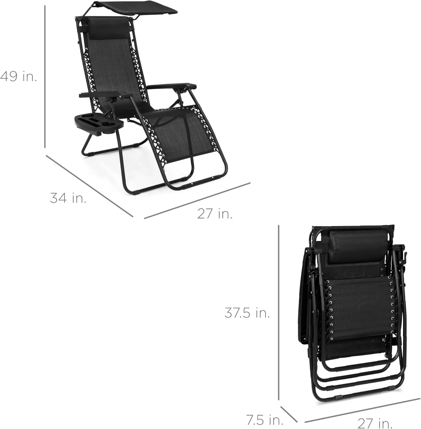 Best Choice Products Folding Zero Gravity Outdoor Recliner Patio Lounge Chair w/Adjustable Canopy Shade, Headrest, Side Accessory Tray, Textilene Mesh - Black