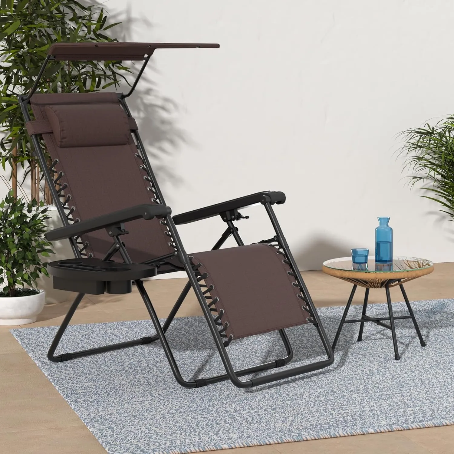 Best Choice Products Folding Zero Gravity Outdoor Recliner Patio Lounge Chair w/Adjustable Canopy Shade, Headrest, Side Accessory Tray, Textilene Mesh - Brown