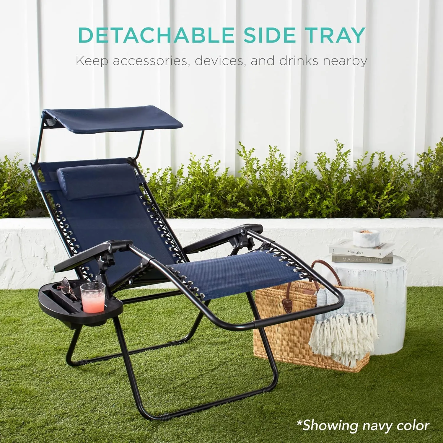 Best Choice Products Folding Zero Gravity Outdoor Recliner Patio Lounge Chair w/Adjustable Canopy Shade, Headrest, Side Accessory Tray, Textilene Mesh - Brown
