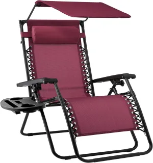 Best Choice Products Folding Zero Gravity Outdoor Recliner Patio Lounge Chair w/Adjustable Canopy Shade, Headrest, Side Accessory Tray, Textilene Mesh - Burgundy