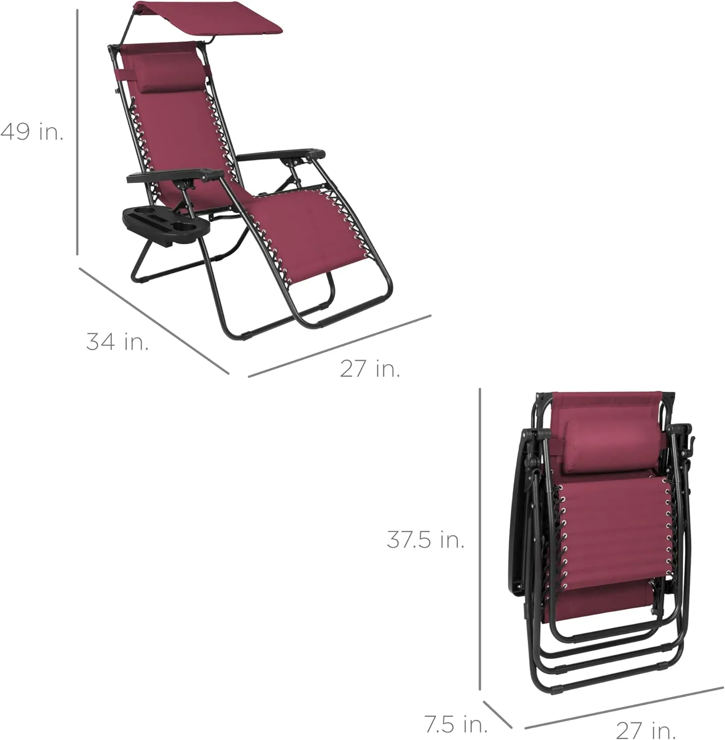 Best Choice Products Folding Zero Gravity Outdoor Recliner Patio Lounge Chair w/Adjustable Canopy Shade, Headrest, Side Accessory Tray, Textilene Mesh - Burgundy