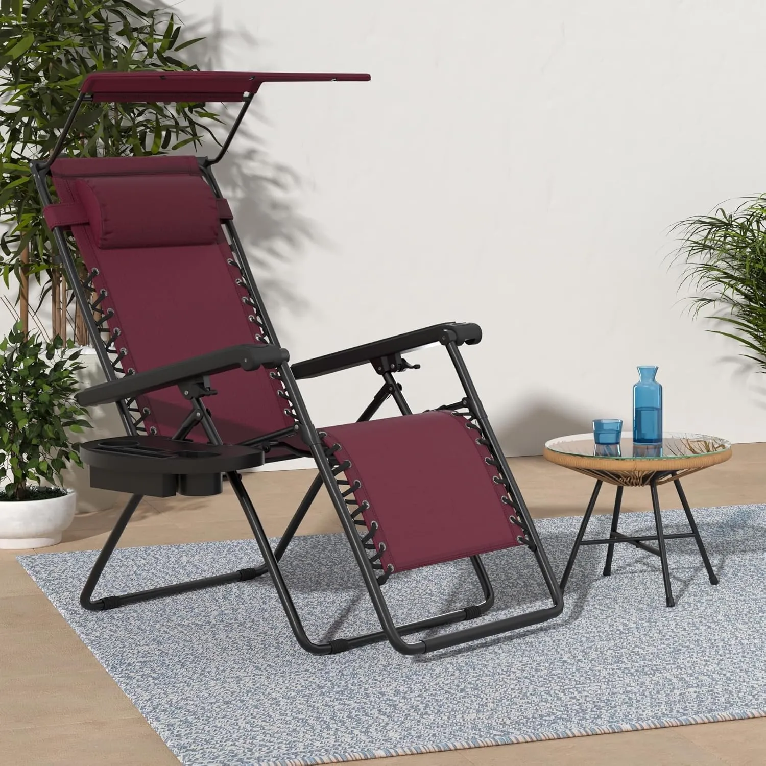 Best Choice Products Folding Zero Gravity Outdoor Recliner Patio Lounge Chair w/Adjustable Canopy Shade, Headrest, Side Accessory Tray, Textilene Mesh - Burgundy