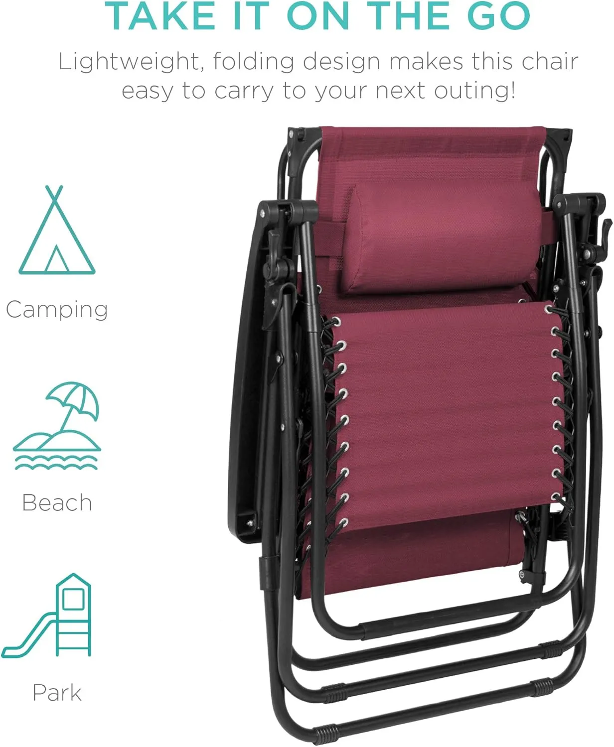 Best Choice Products Folding Zero Gravity Outdoor Recliner Patio Lounge Chair w/Adjustable Canopy Shade, Headrest, Side Accessory Tray, Textilene Mesh - Burgundy